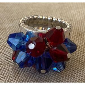 Blue and Red Glass Bead Stretch Ring